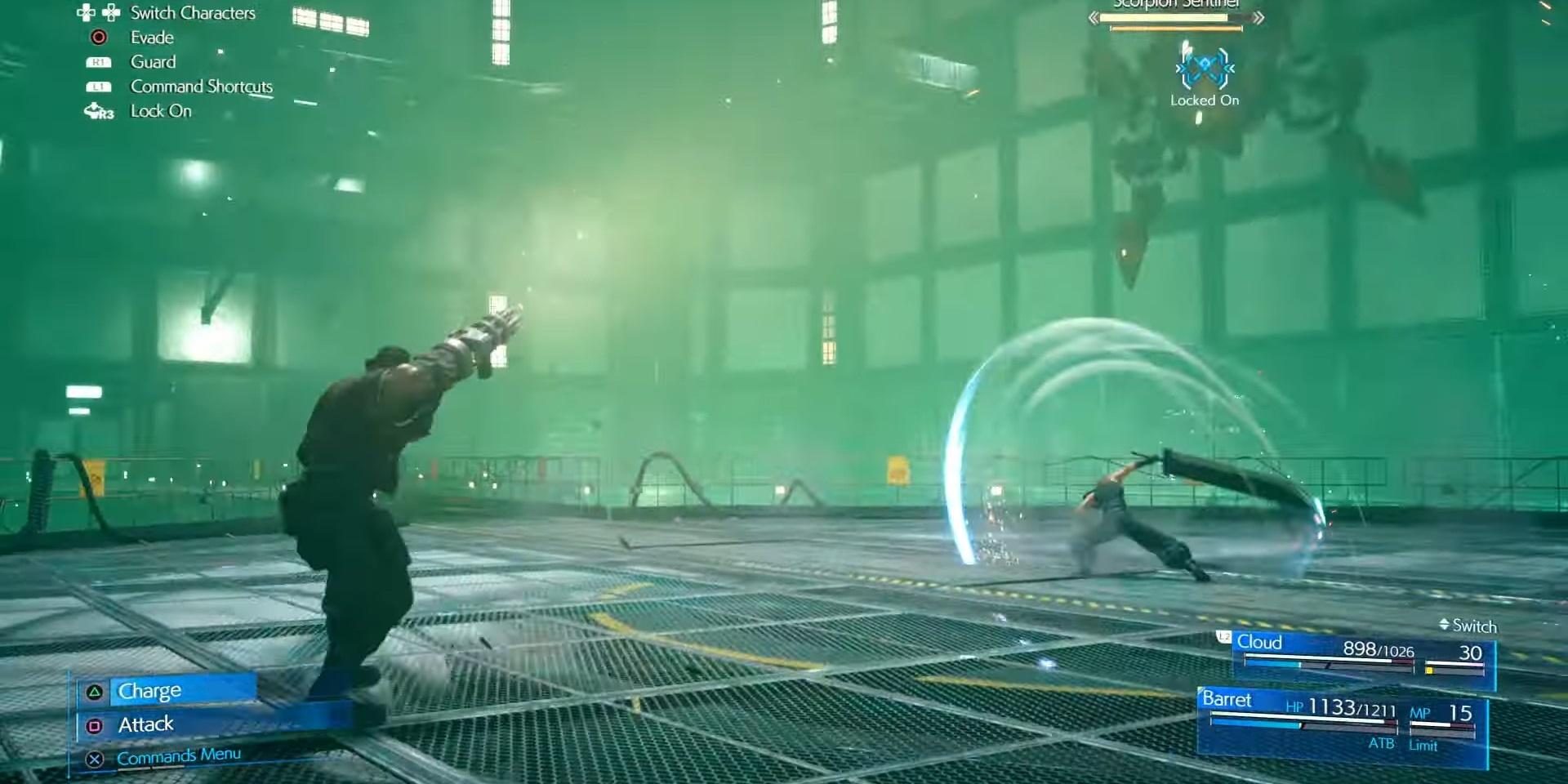 final fantasy 7 remake barret shoots the scorpion sentinel from afar